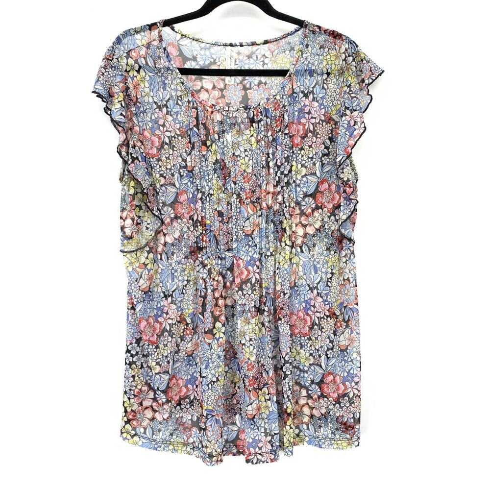 PerSeption Concept Top Womens XL Multicolor Sheer Floral Mesh Flutter Cap Sleeve